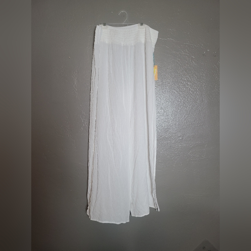 Kona Sol Women’s L White Wide-Leg Smocked Waist Cover Up Pants W/ Side Slit NWT - Picture 2 of 11